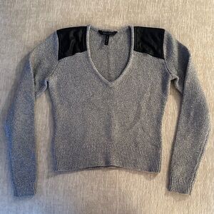 BCBG MaxAzria Gray V-Neck Knit Sweater with Black Faux Leather Accents Size S
